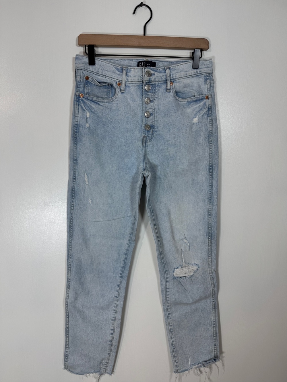 WJ472 {GAP} "High Rise Vintage Slim" Blue Button Fly Distressed Denim Jeans